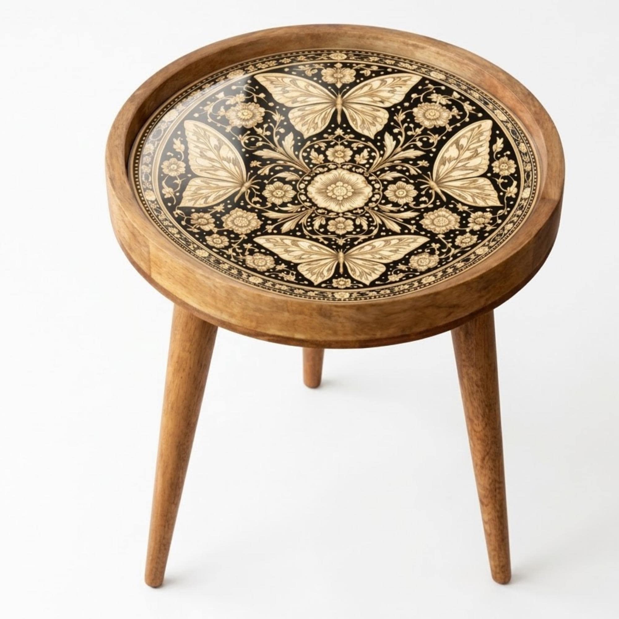 Handmade Mango Wood Side Table | Butterfly Floral Art Accent Table