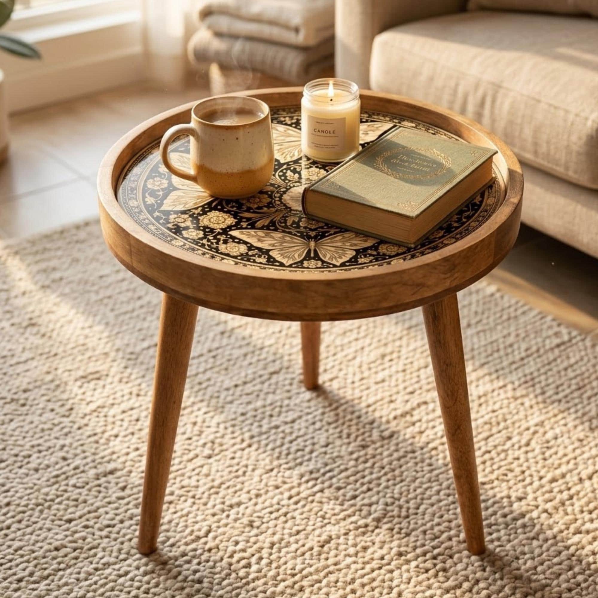 Handmade Mango Wood Side Table | Butterfly Floral Art Accent Table