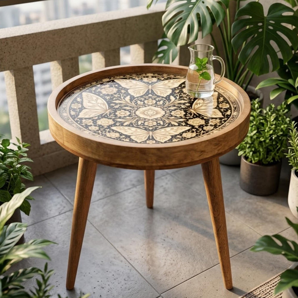 Handmade Mango Wood Side Table | Butterfly Floral Art Accent Table