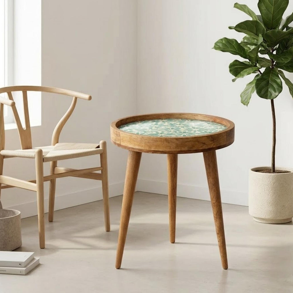 Handmade Mango Wood Side Table | Blue Floral Round Accent Table | Boho Living Room Decor