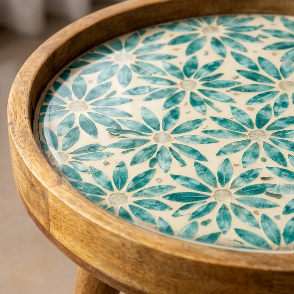 Handmade Mango Wood Side Table | Blue Floral Round Accent Table | Boho Living Room Decor