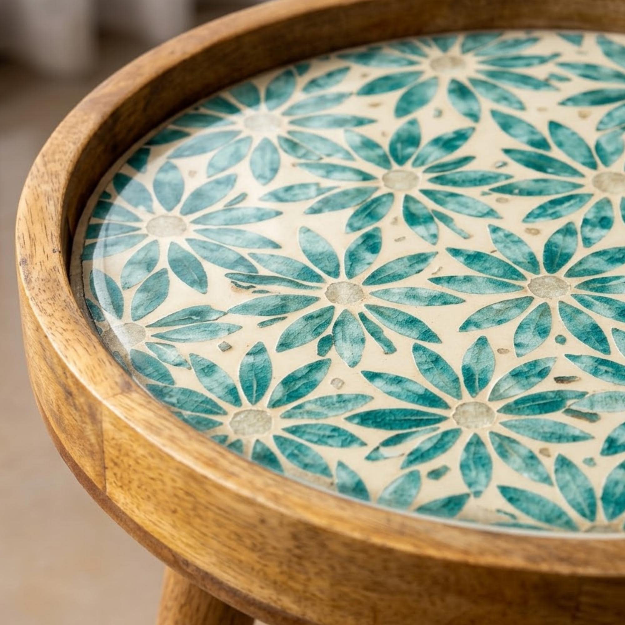 Handmade Mango Wood Side Table | Blue Floral Round Accent Table | Boho Living Room Decor
