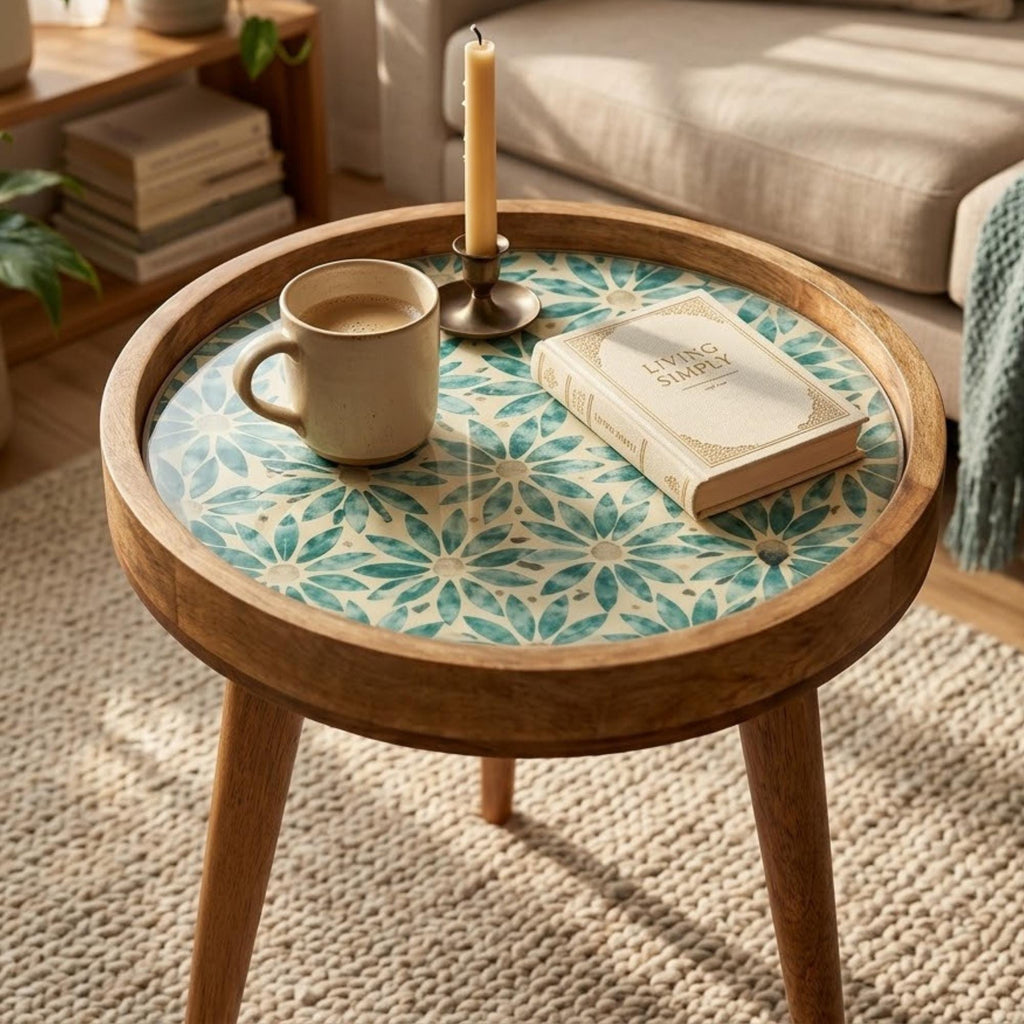 Handmade Mango Wood Side Table | Blue Floral Round Accent Table | Boho Living Room Decor