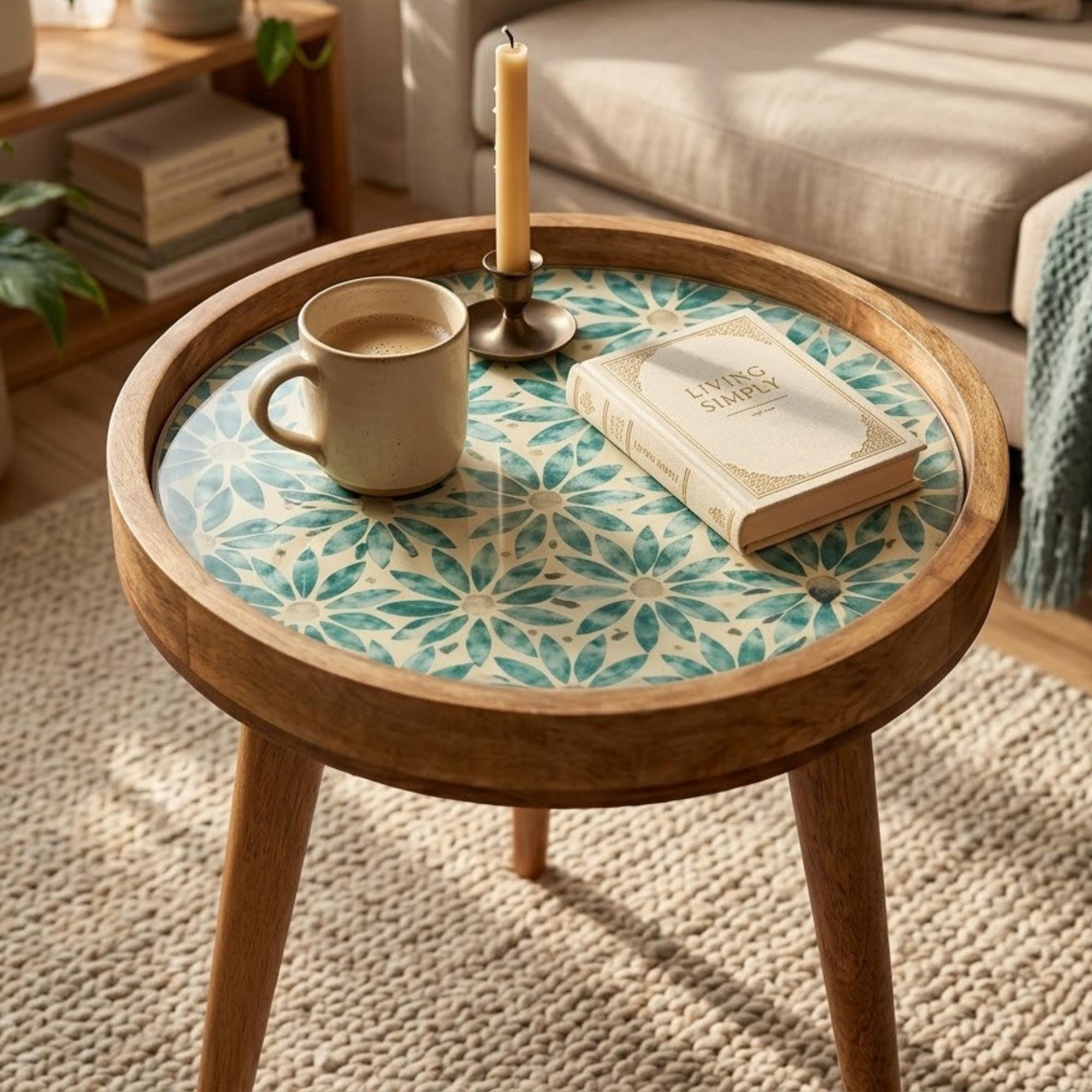 Handmade Mango Wood Side Table | Blue Floral Round Accent Table | Boho Living Room Decor
