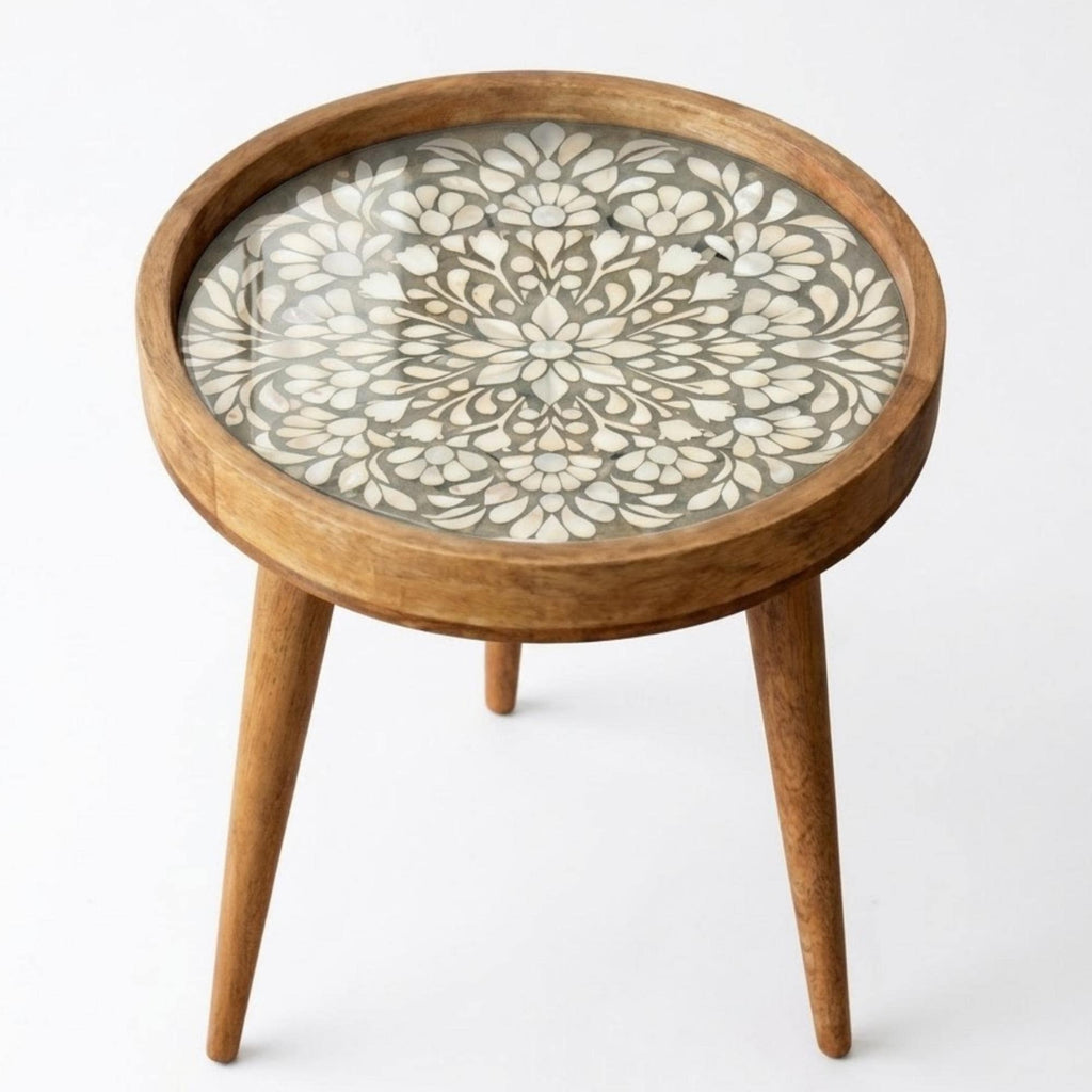 Handmade Mango Wood Side Table | White Floral Mandala Round Accent Table