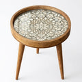 Handmade Mango Wood Side Table | White Floral Mandala Round Accent Table