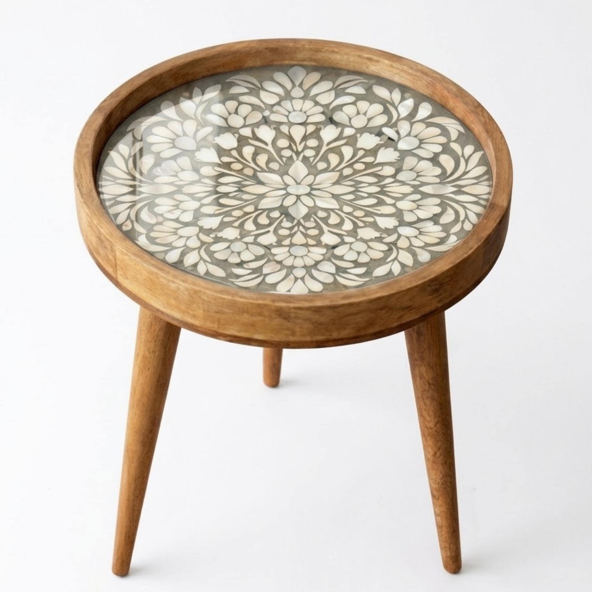 Handmade Mango Wood Side Table | White Floral Mandala Round Accent Table