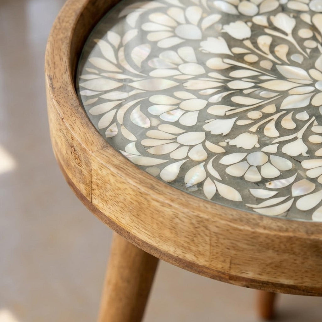 Handmade Mango Wood Side Table | White Floral Mandala Round Accent Table