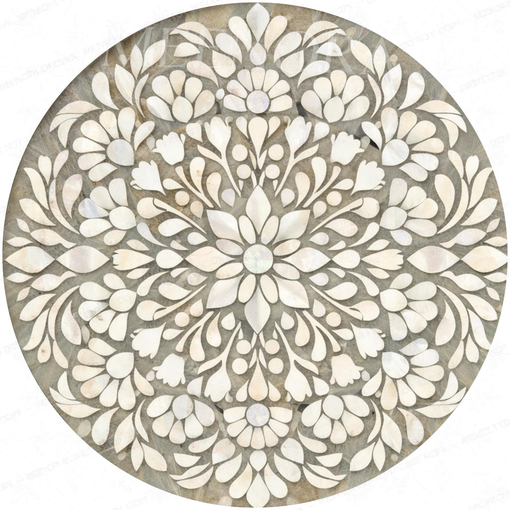 Handmade Mango Wood Side Table | White Floral Mandala Round Accent Table