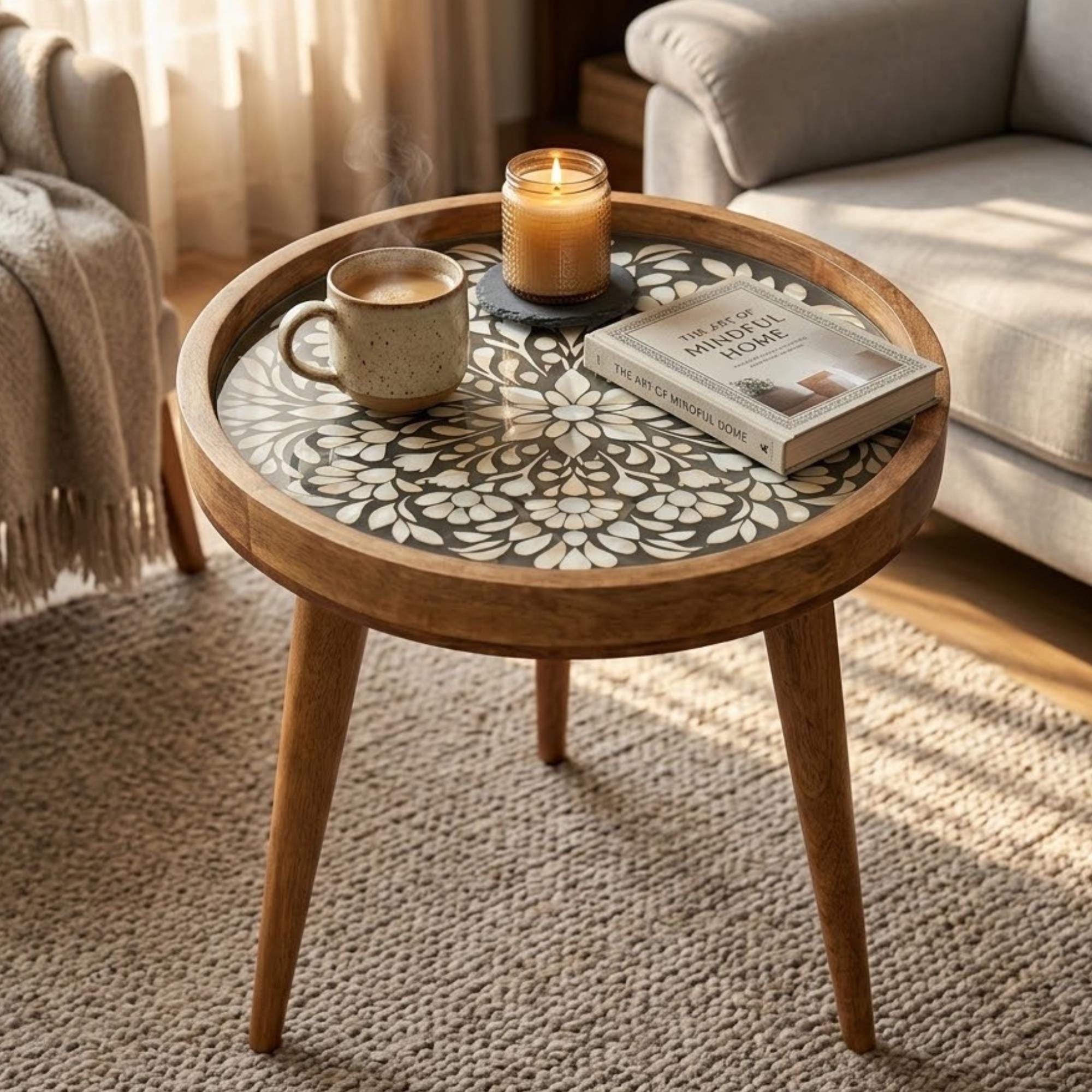 Handmade Mango Wood Side Table | White Floral Mandala Round Accent Table