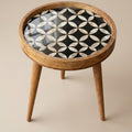 Handmade Mango Wood Side Table | Black Geometric Print Round Accent (15" Diameter, 18" Height)