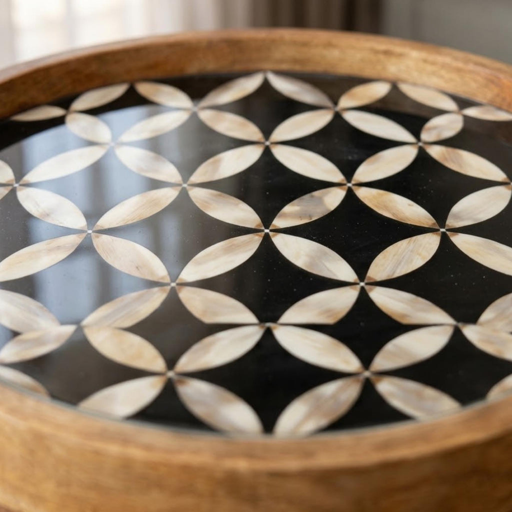 Handmade Mango Wood Side Table | Black Geometric Print Round Accent (15" Diameter, 18" Height)