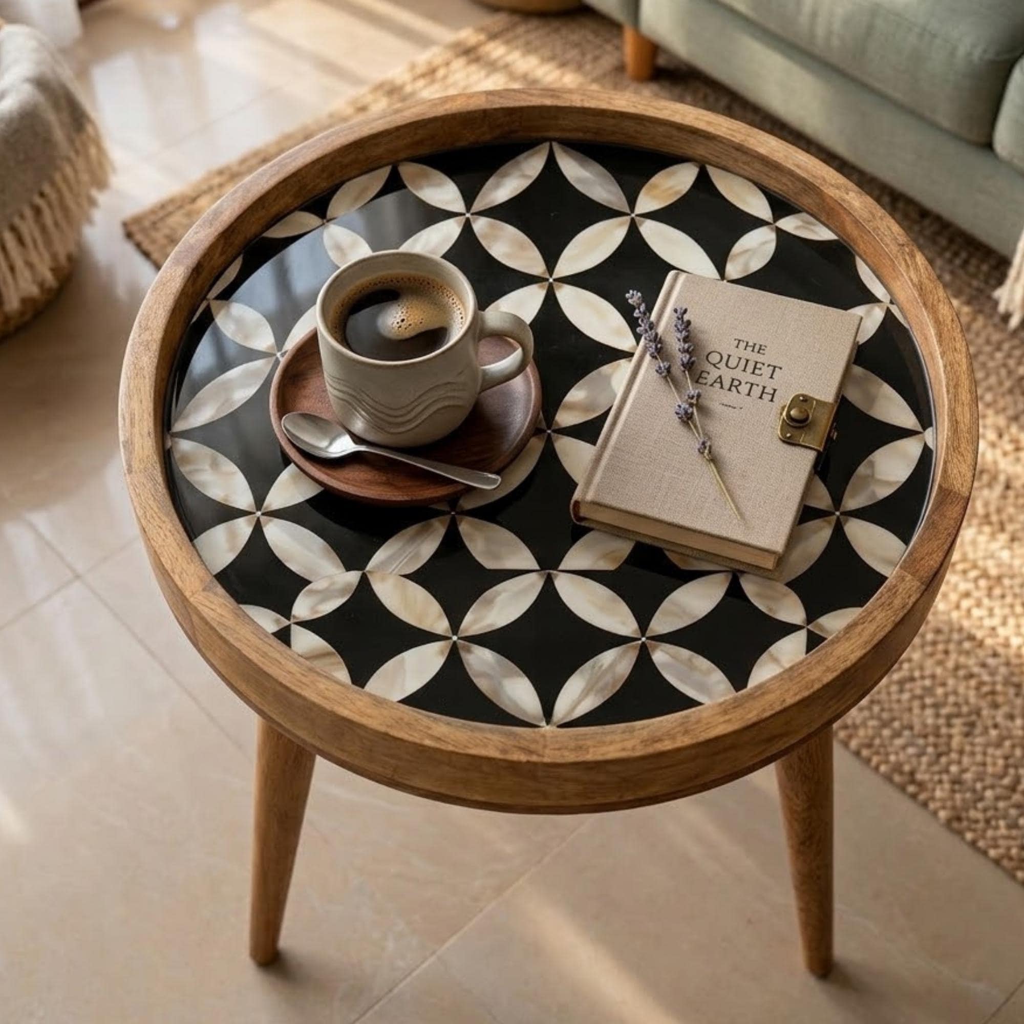 Handmade Mango Wood Side Table | Black Geometric Print Round Accent (15" Diameter, 18" Height)