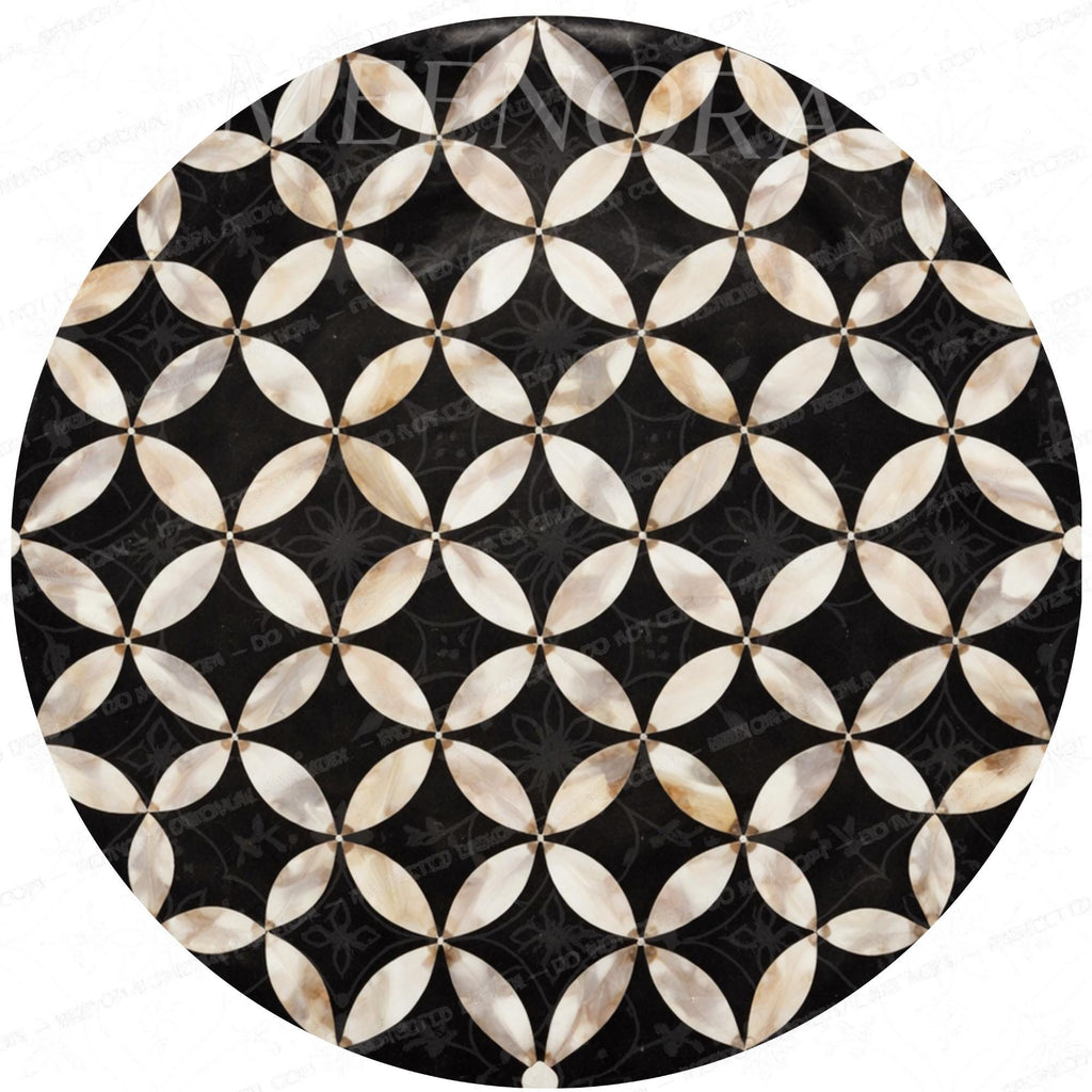 Handmade Mango Wood Side Table | Black Geometric Print Round Accent (15" Diameter, 18" Height)