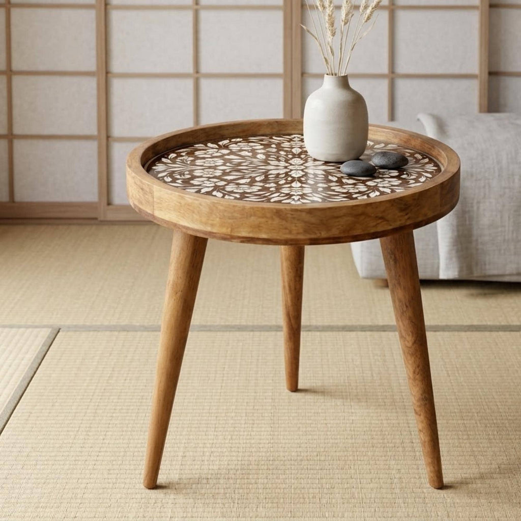 Handmade Mango Wood Side Table | Floral Printed Round Accent Table