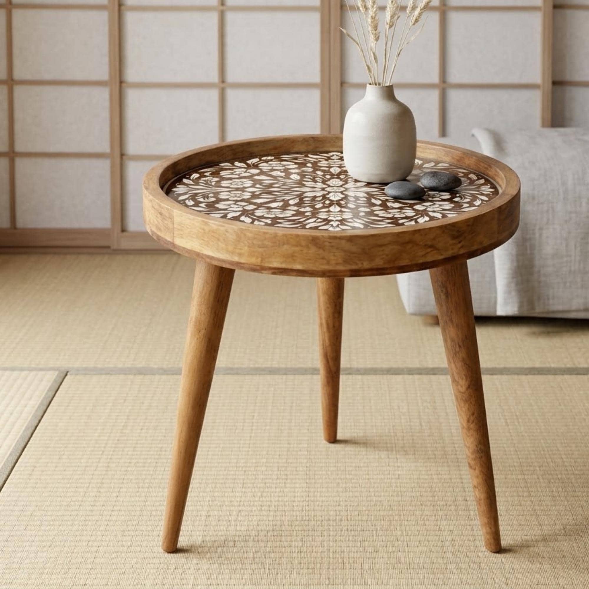 Handmade Mango Wood Side Table | Floral Printed Round Accent Table