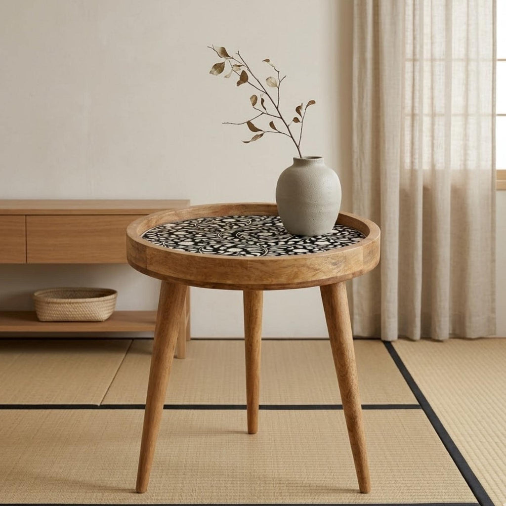 Handmade Printed Mango Wood Side Table | Round Boho Accent Table