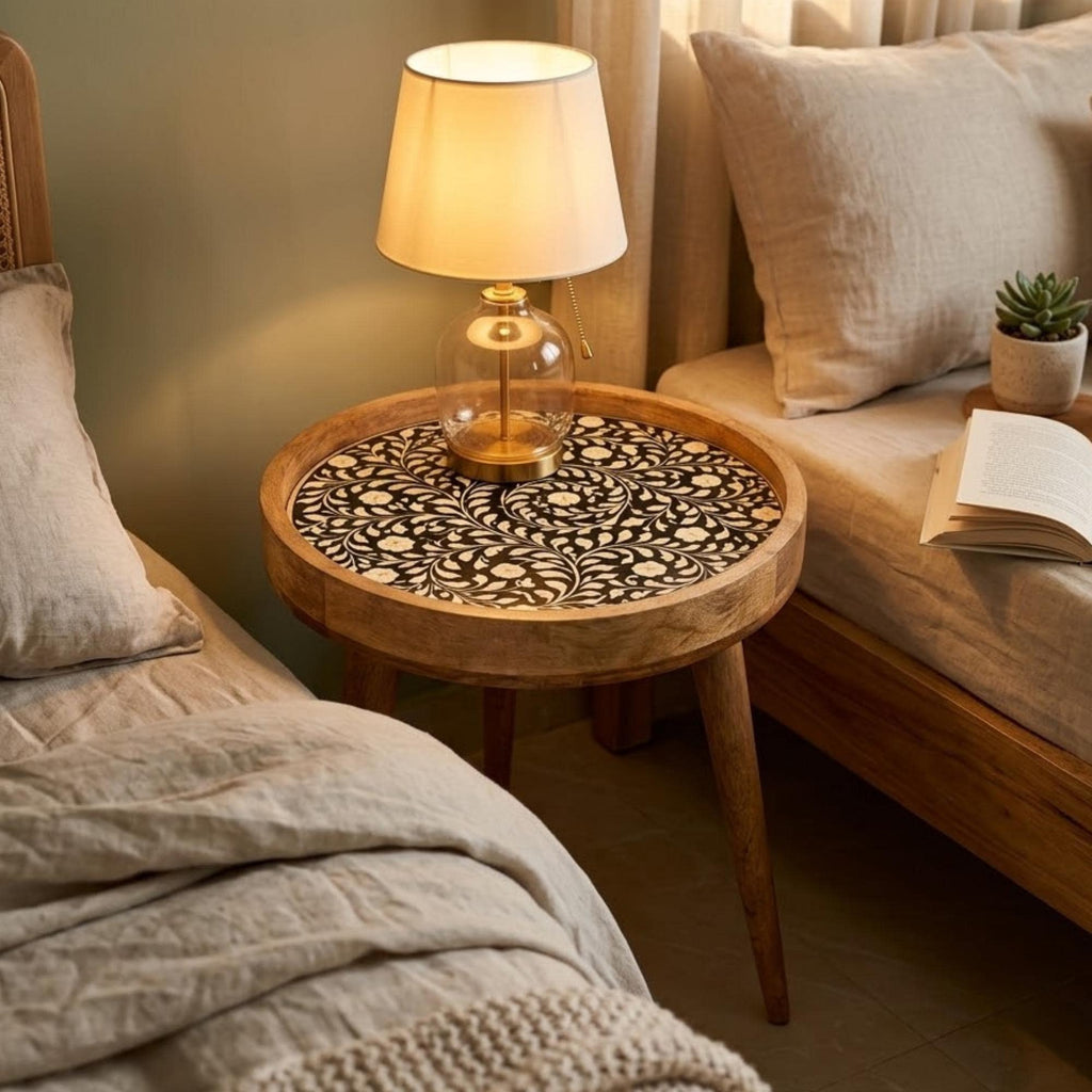 Handmade Printed Mango Wood Side Table | Round Boho Accent Table