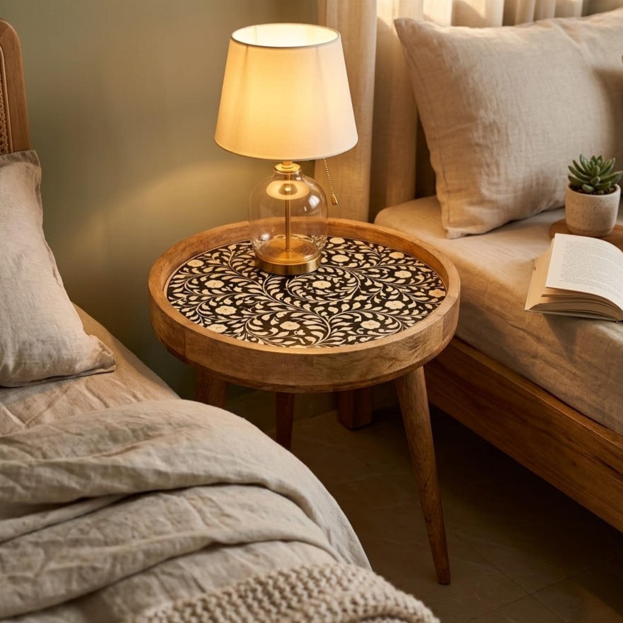 Handmade Printed Mango Wood Side Table | Round Boho Accent Table