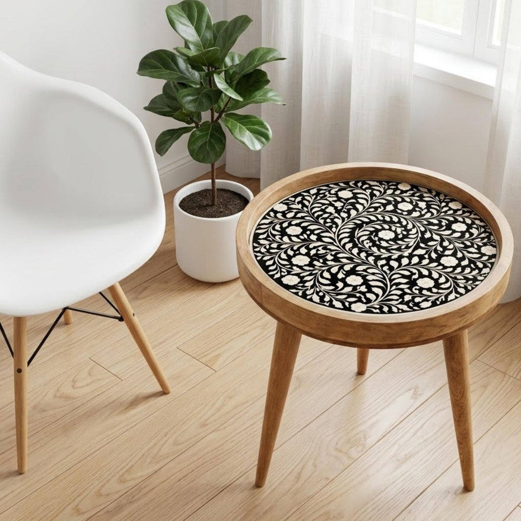 Handmade Printed Mango Wood Side Table | Round Boho Accent Table