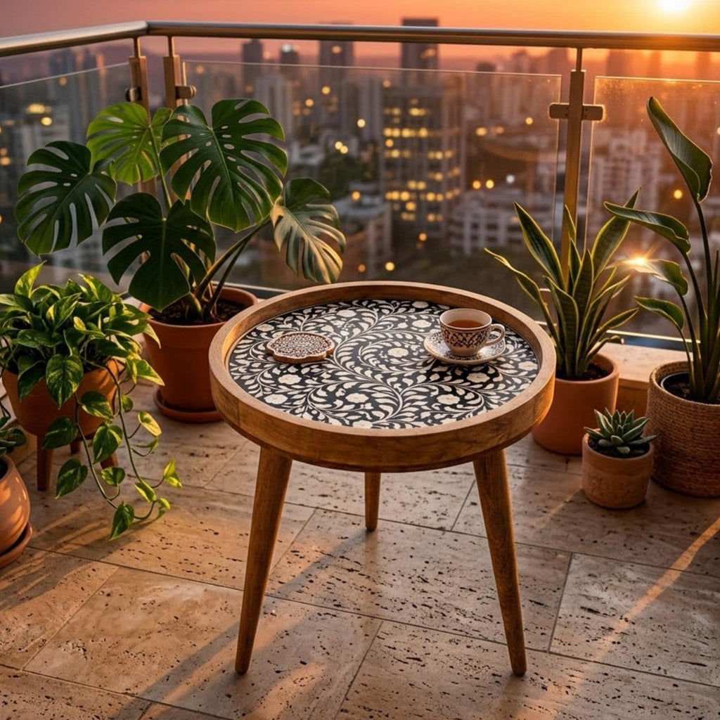 Handmade Printed Mango Wood Side Table | Round Boho Accent Table