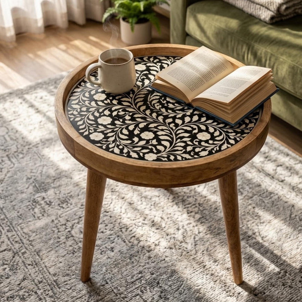 Handmade Printed Mango Wood Side Table | Round Boho Accent Table