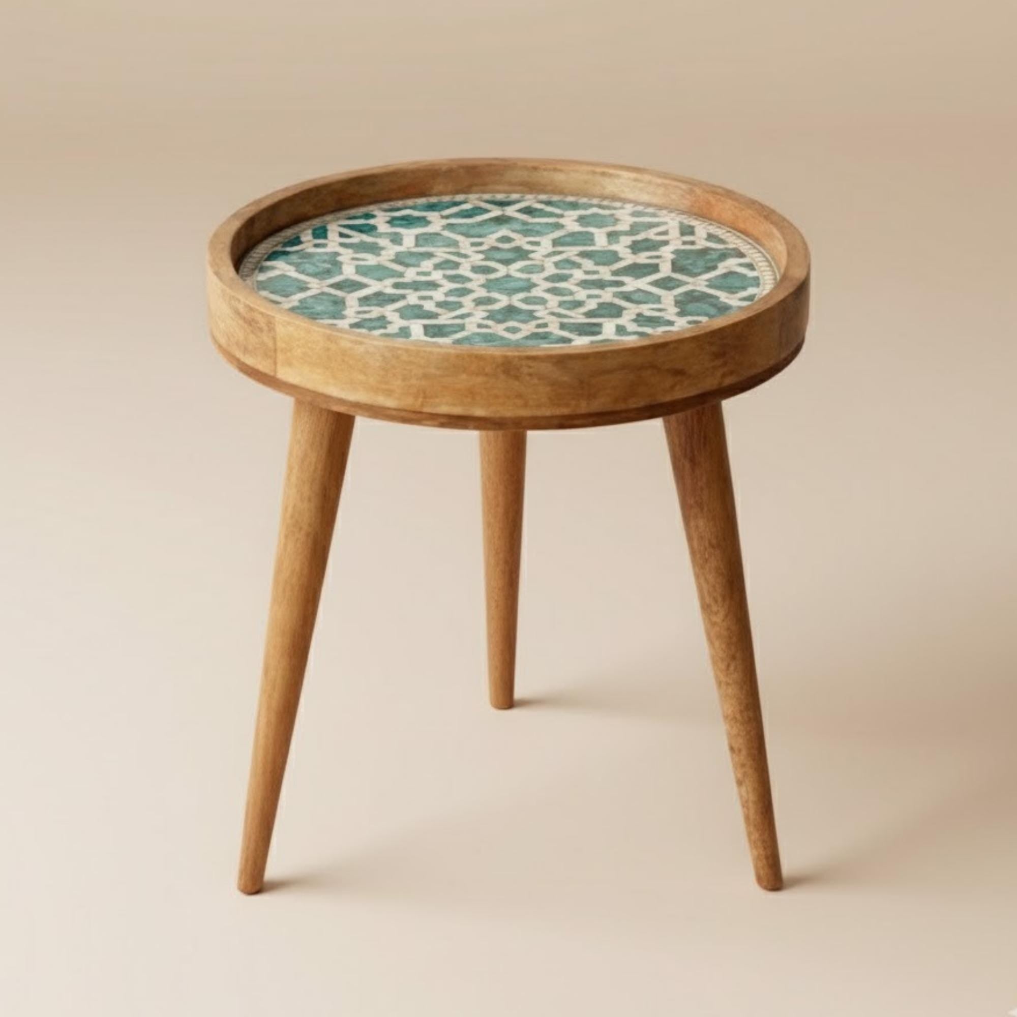 Handmade Mango Wood Side Table | Moroccan Geometric Print Accent Table