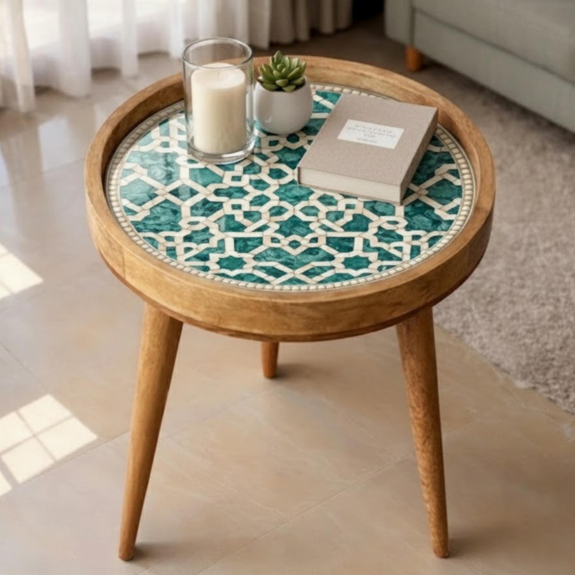 Handmade Mango Wood Side Table | Moroccan Geometric Print Accent Table