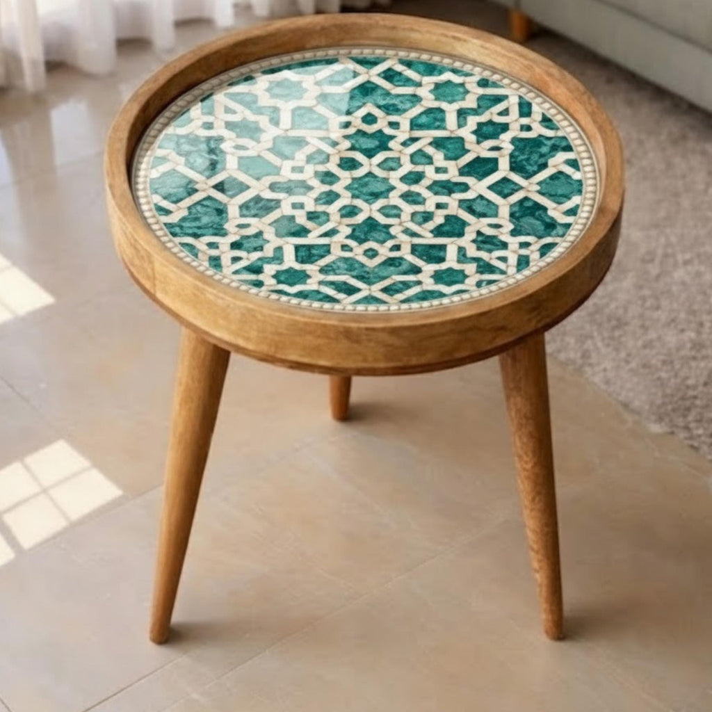 Handmade Mango Wood Side Table | Moroccan Geometric Print Accent Table