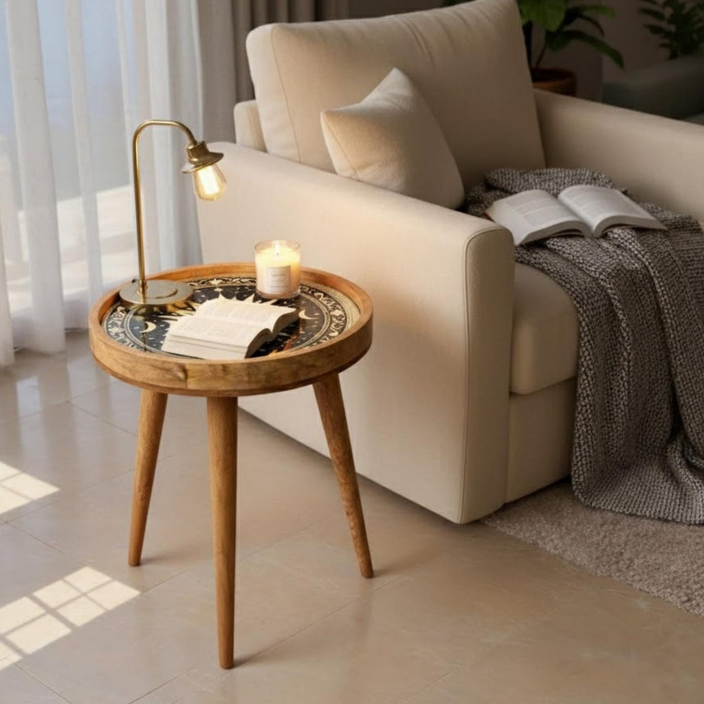 Handmade Mango Wood Side Table | Celestial Moon Phase Print, Boho Accent Table