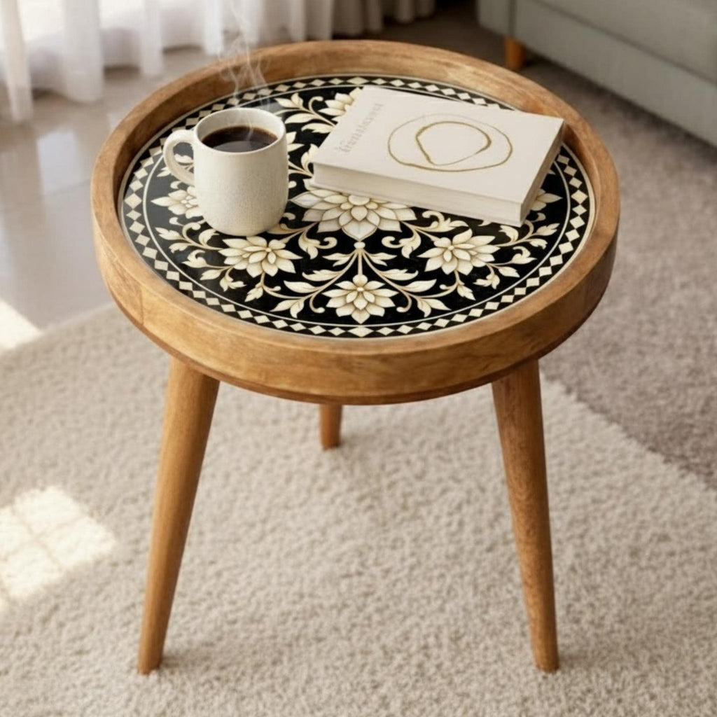 Handmade Mango Wood Side Table | Floral Inlay Accent Table | Boho Living Room Furniture