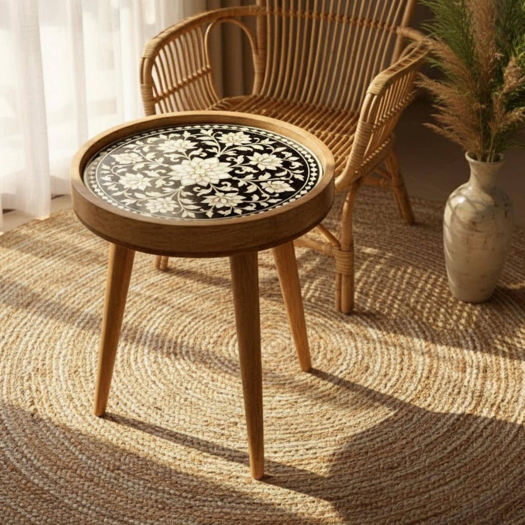 Handmade Mango Wood Side Table | Floral Inlay Accent Table | Boho Living Room Furniture