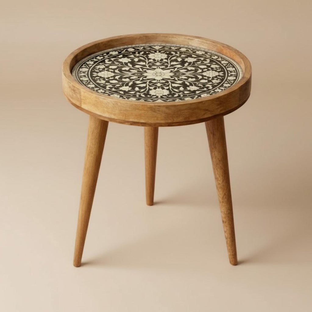 Handmade Mango Wood Side Table | Floral Inlay Round Accent Table