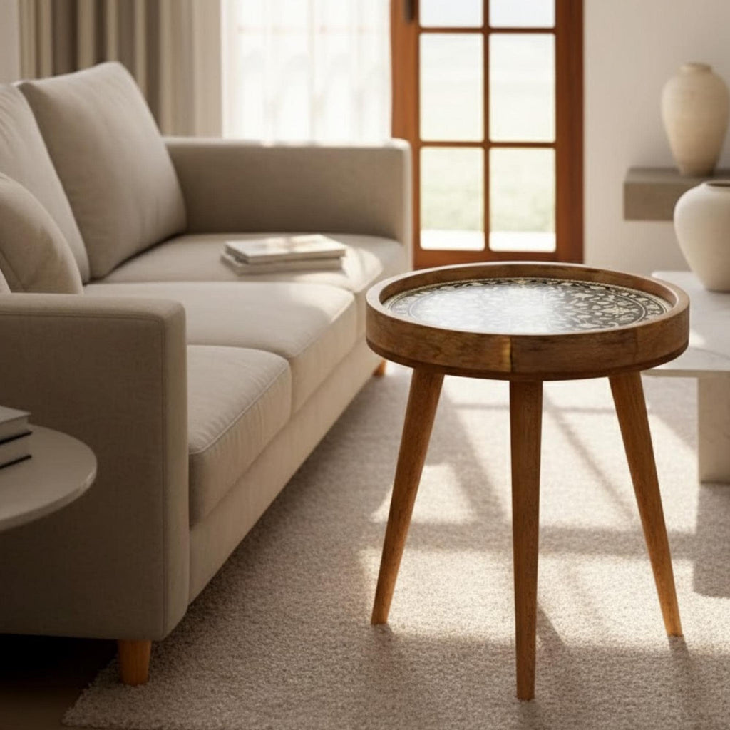 Handmade Mango Wood Side Table | Floral Inlay Round Accent Table