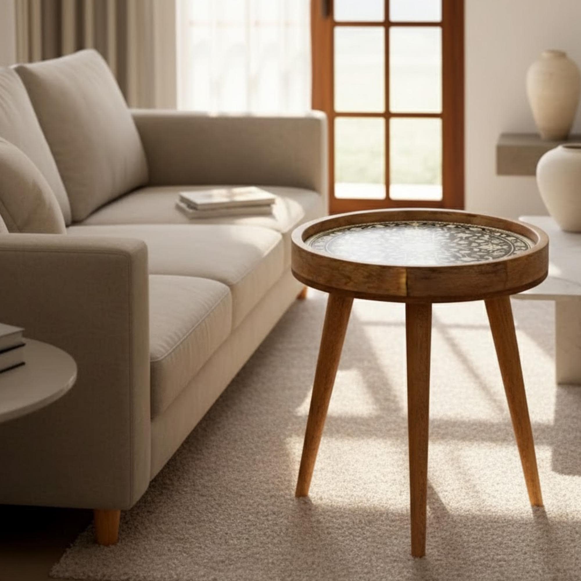 Handmade Mango Wood Side Table | Floral Inlay Round Accent Table