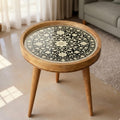 Handmade Mango Wood Side Table | Floral Inlay Round Accent Table