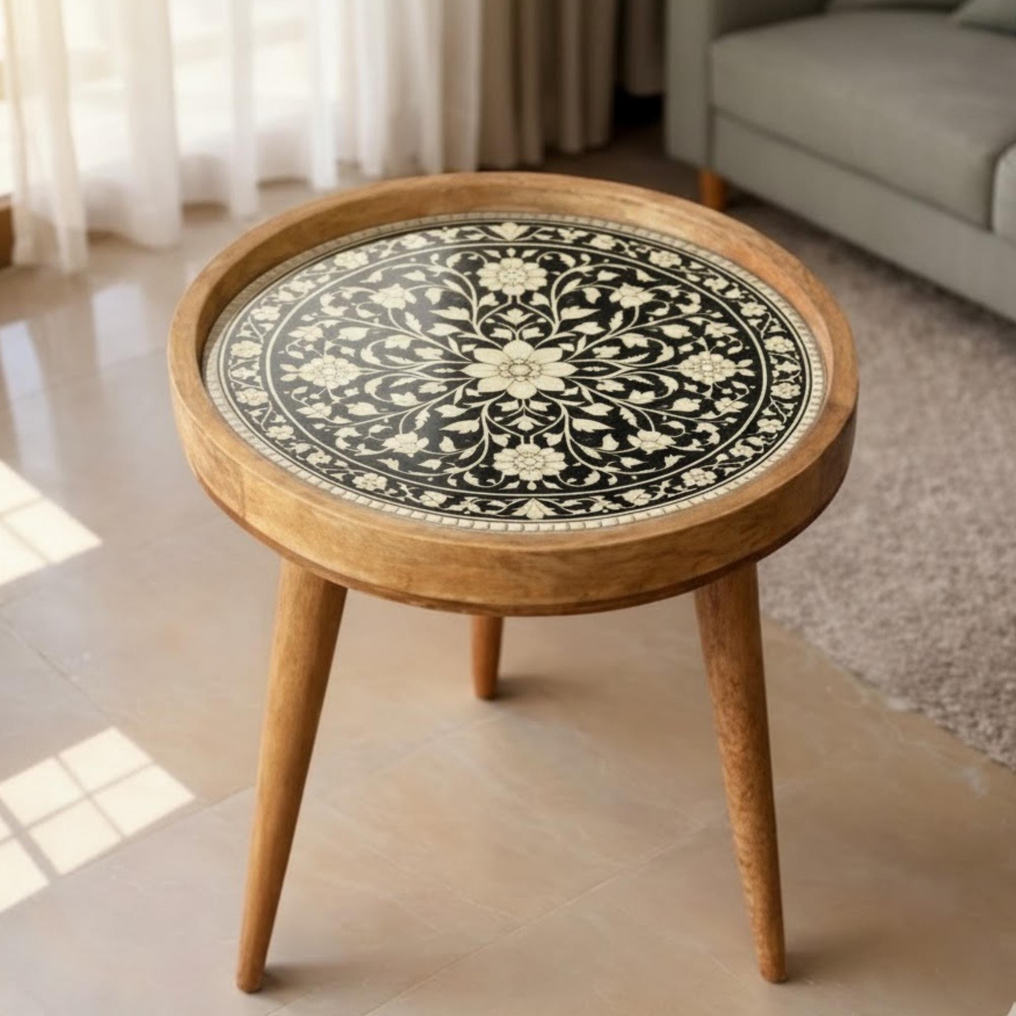 Handmade Mango Wood Side Table | Floral Inlay Round Accent Table