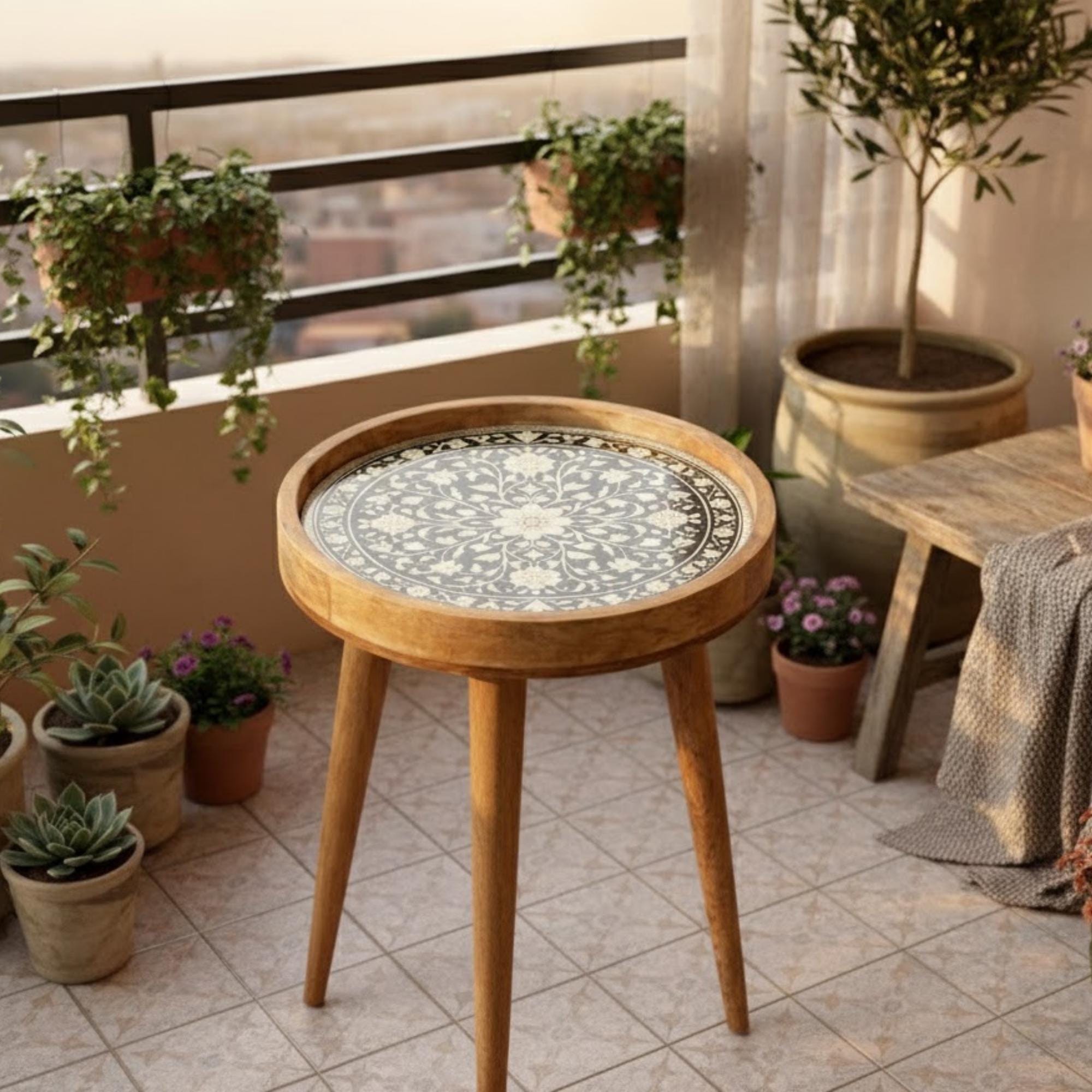 Handmade Mango Wood Side Table | Floral Inlay Round Accent Table