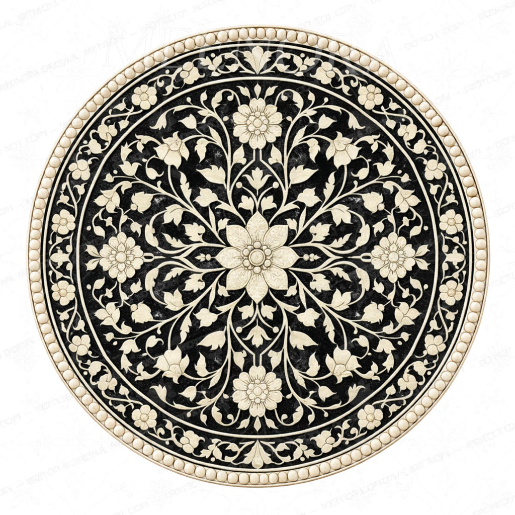 Handmade Mango Wood Side Table | Floral Inlay Round Accent Table