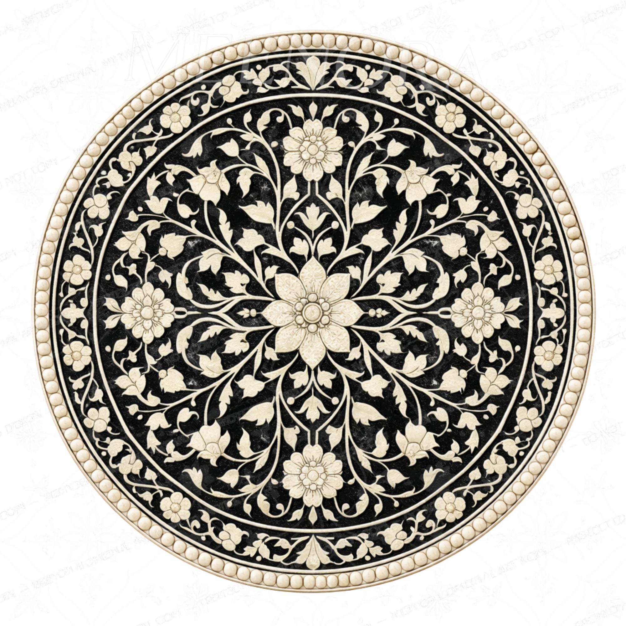 Handmade Mango Wood Side Table | Floral Inlay Round Accent Table