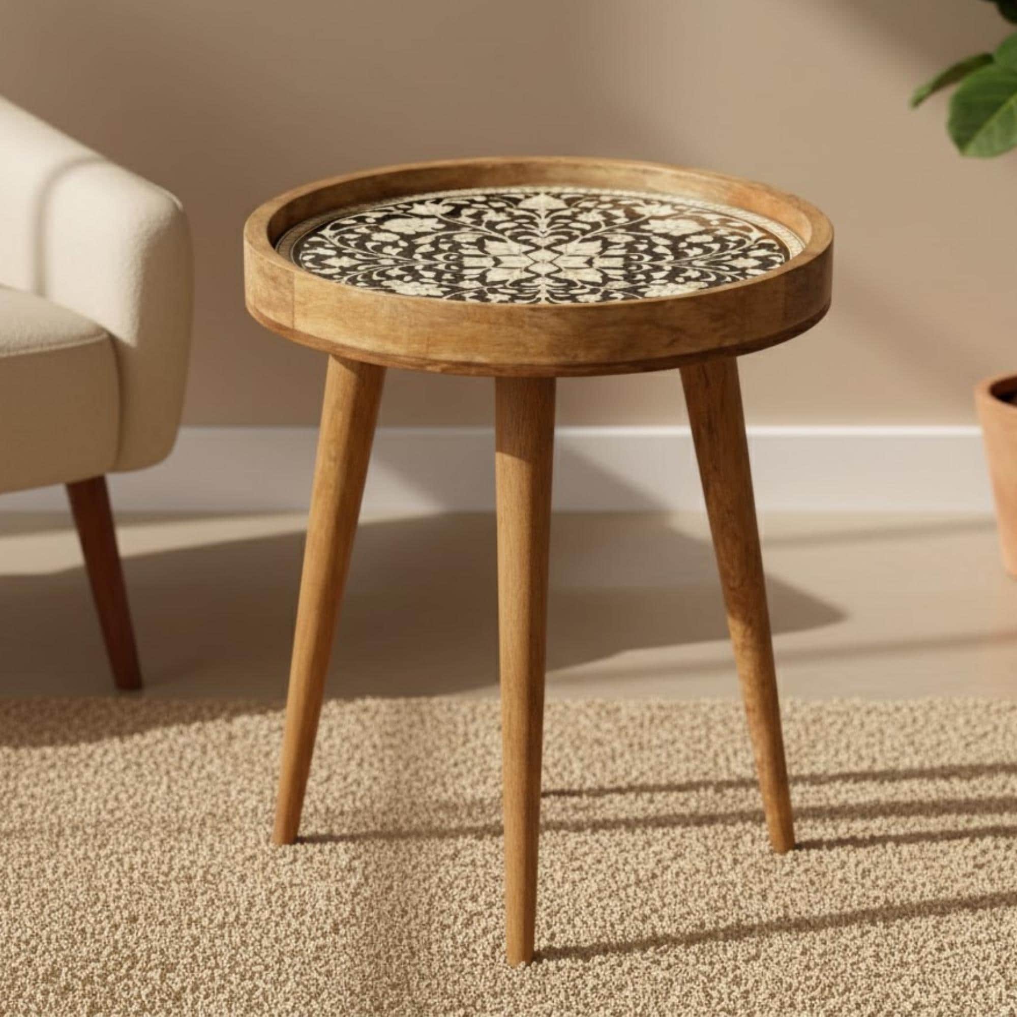 Handmade Mango Wood Side Table | Printed Round Accent Table