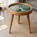 Handmade Mango Wood Side Table | Tree of Life Print, Boho Accent Decor