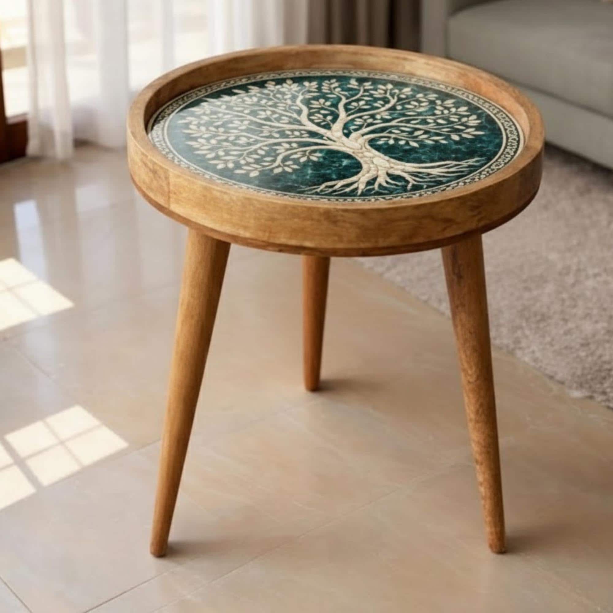 Handmade Mango Wood Side Table | Tree of Life Print, Boho Accent Decor