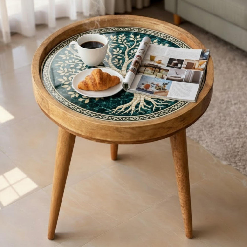Handmade Mango Wood Side Table | Tree of Life Print, Boho Accent Decor