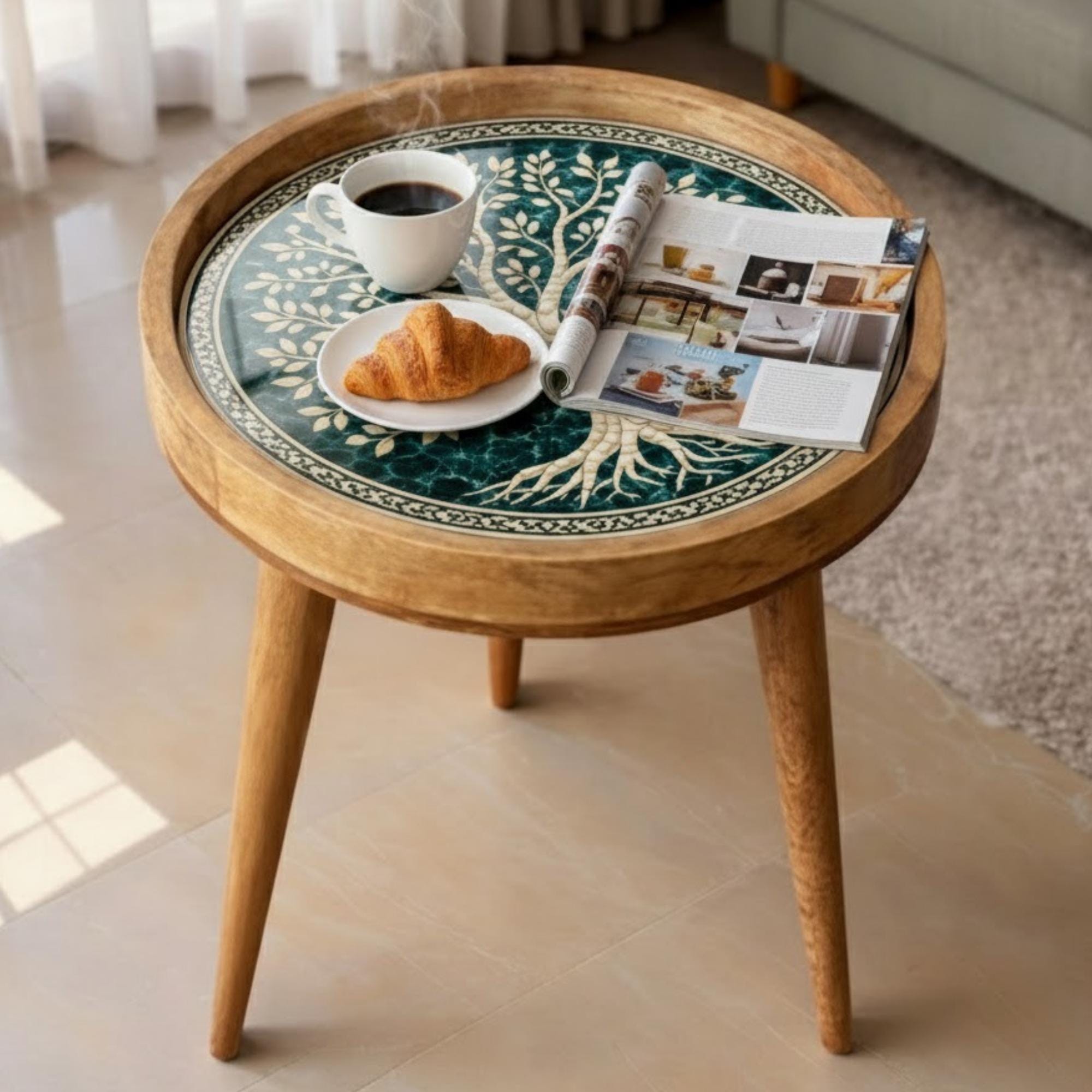 Handmade Mango Wood Side Table | Tree of Life Print, Boho Accent Decor