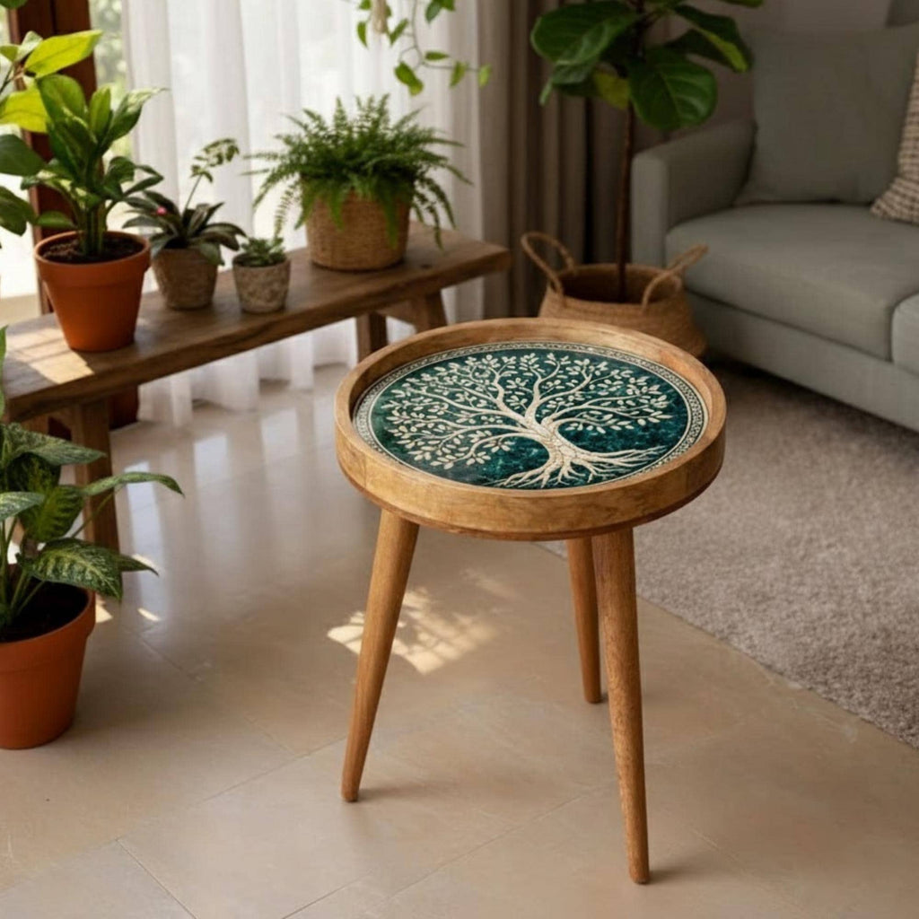 Handmade Mango Wood Side Table | Tree of Life Print, Boho Accent Decor