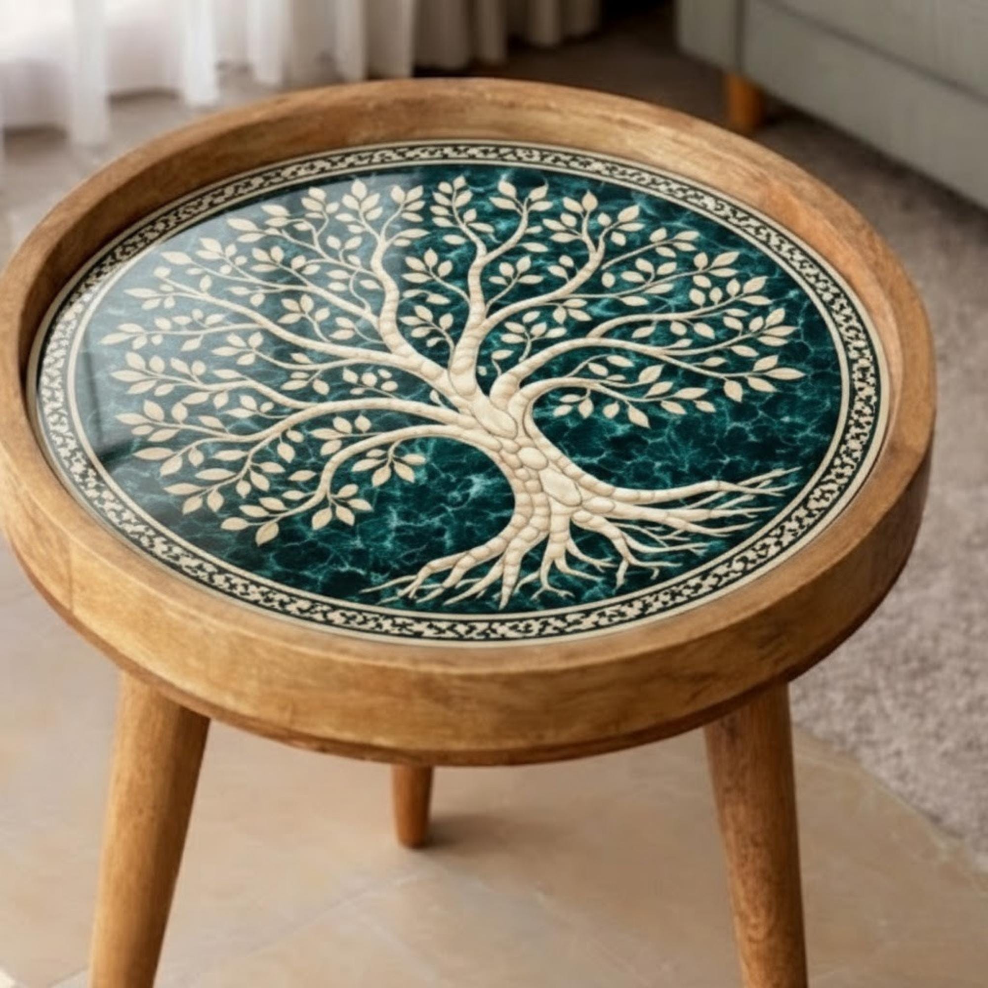 Handmade Mango Wood Side Table | Tree of Life Print, Boho Accent Decor