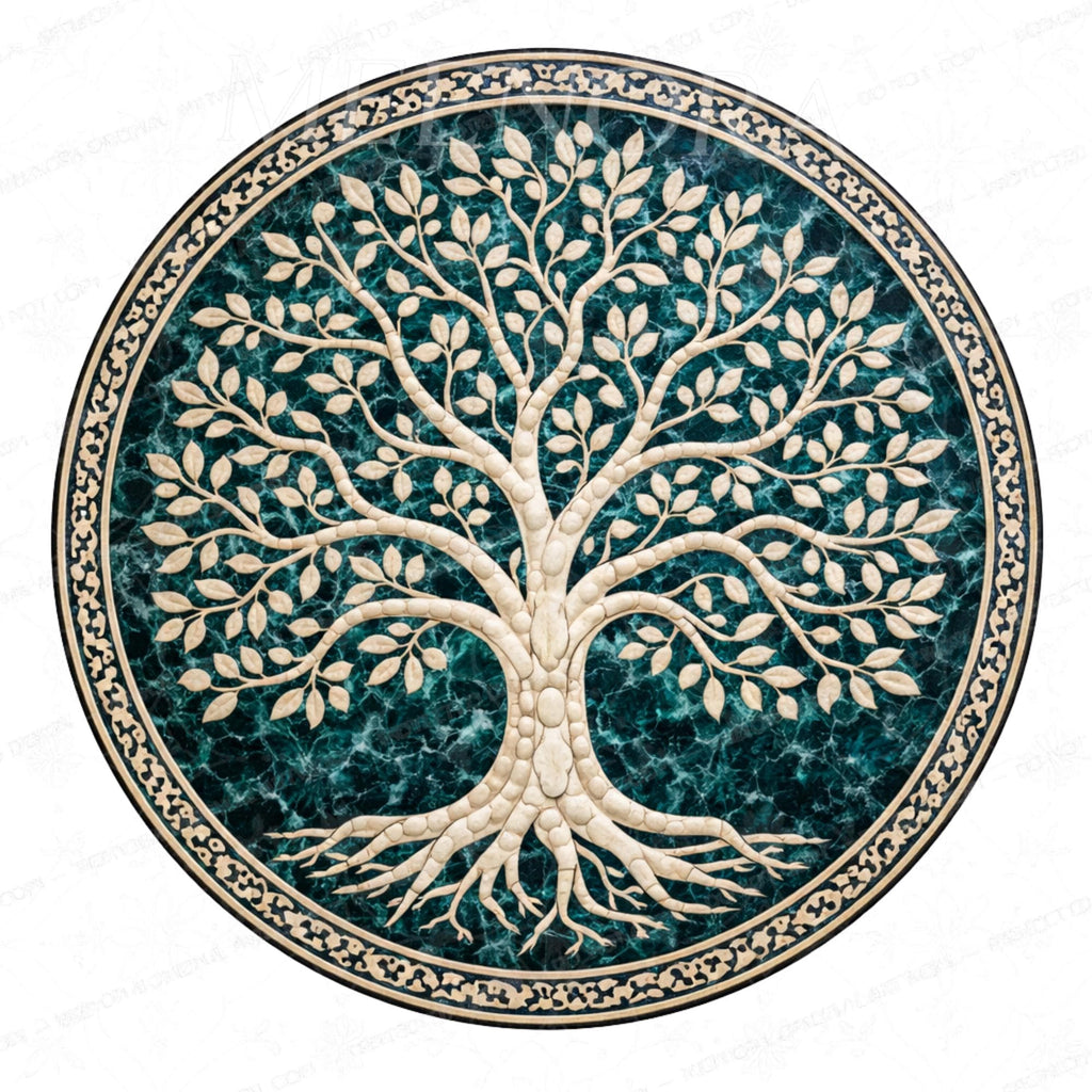 Handmade Mango Wood Side Table | Tree of Life Print, Boho Accent Decor