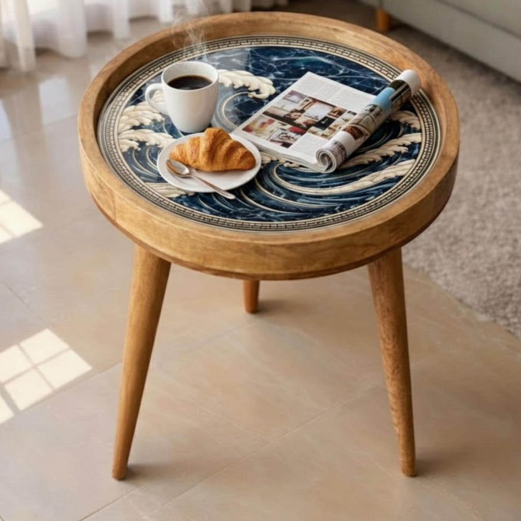 Handmade Mango Wood Side Table | Ocean Wave Art Accent Table