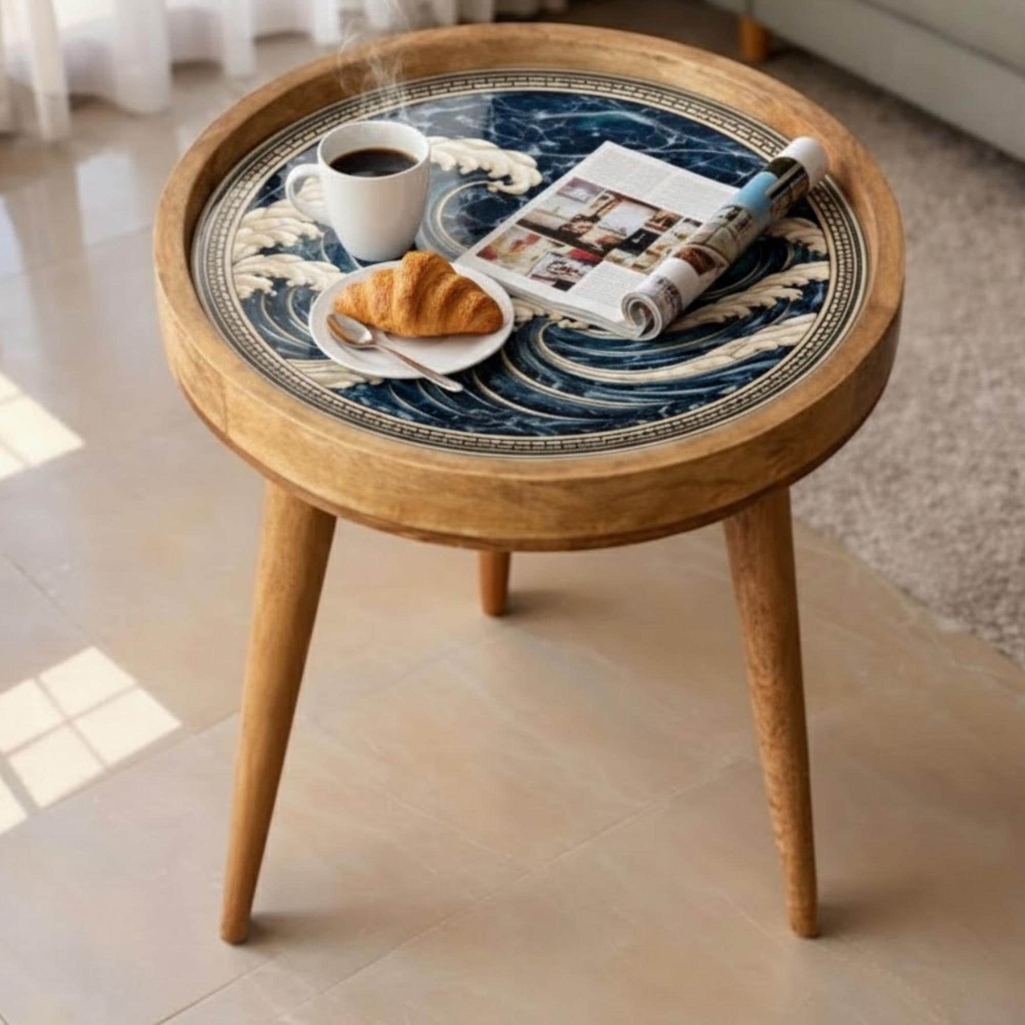 Handmade Mango Wood Side Table | Ocean Wave Art Accent Table